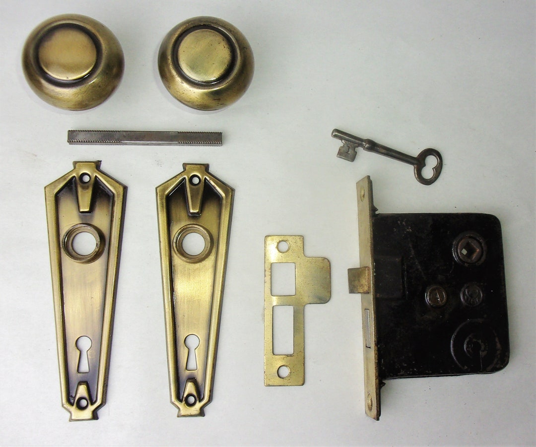 Antique Vintage Door Lock Set Art Deco Backplate Door Knobs Mortise Lock Key Etsy