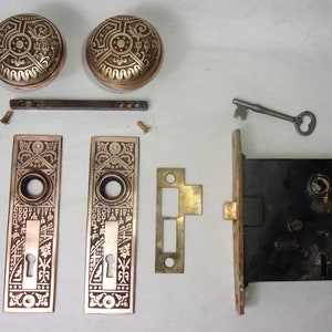 Antique Set EASTLAKE VICTORIAN AESTHETIC Backplates Door Knob Mortise Lock w Key