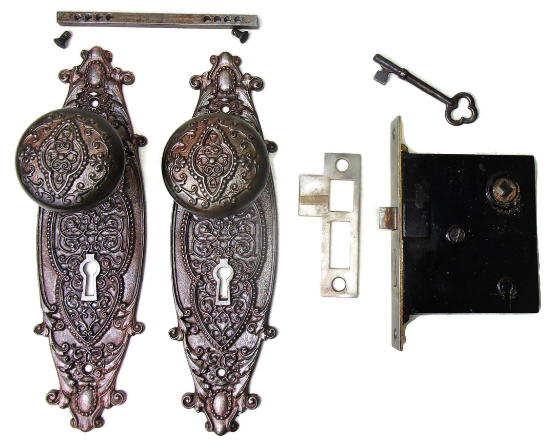 Antique Set EASTLAKE VICTORIAN Cast Iron Backplates Door Knob Mortise ...