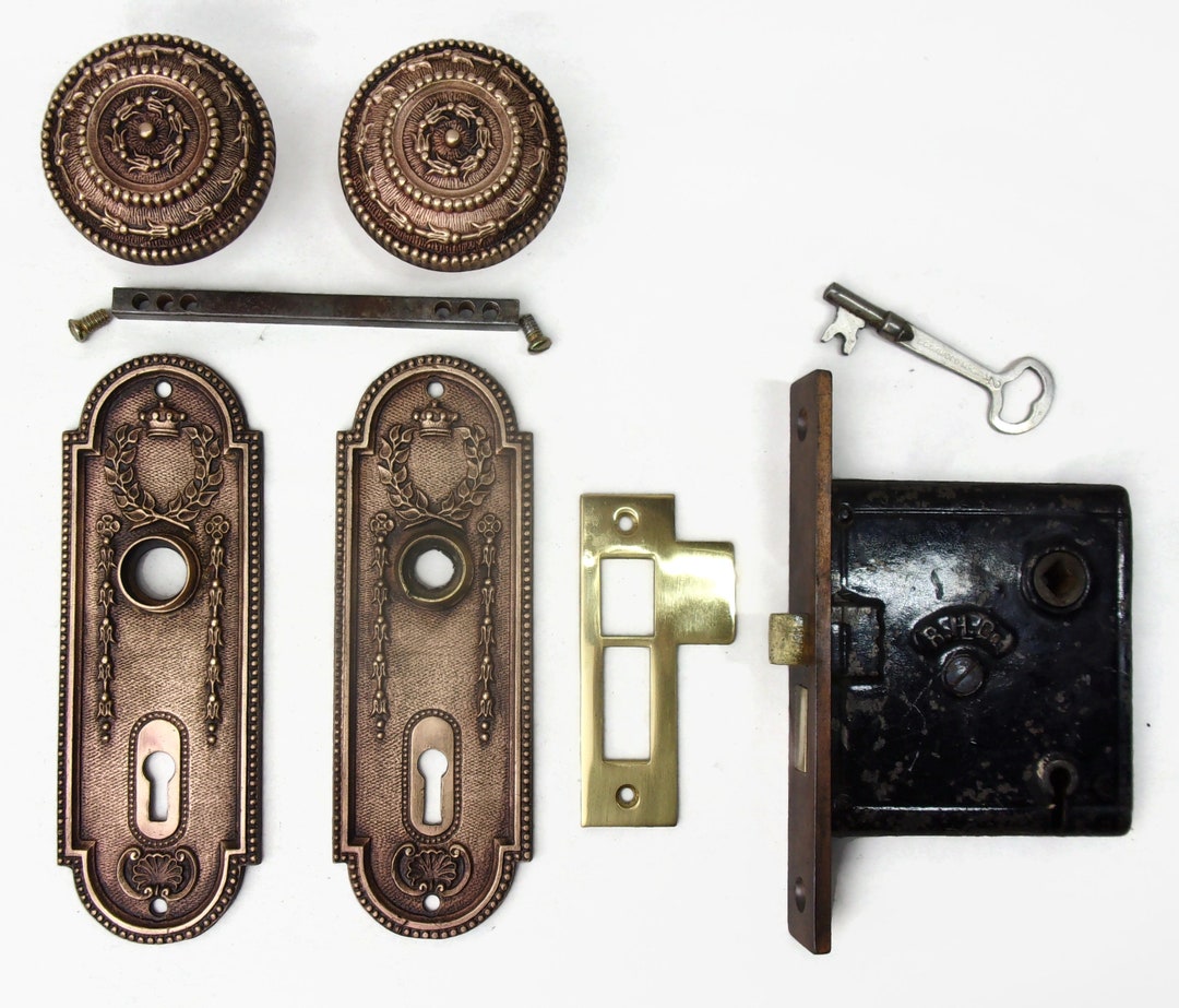 Antique Door Set Victorian / Eastlake Backplate Knob Mortise Lock Key ...