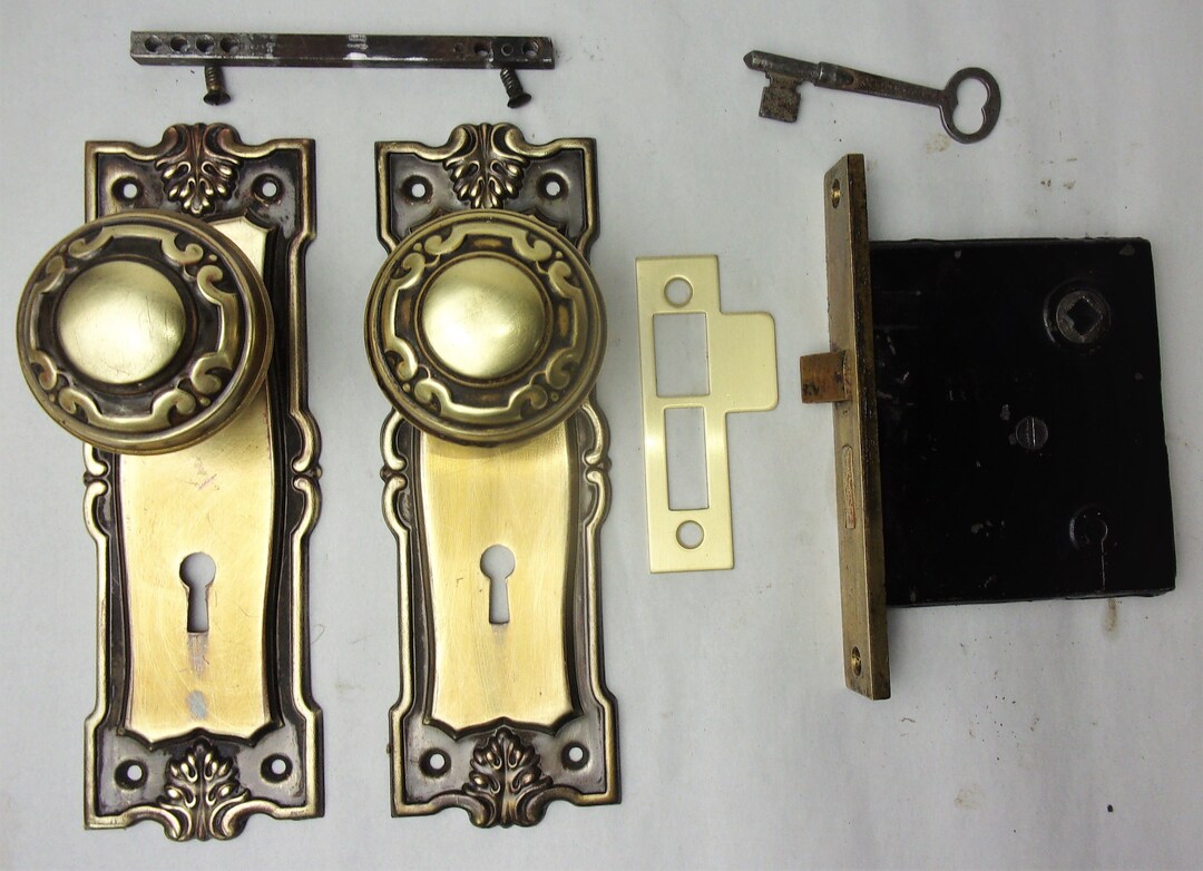 Antique Entrance Door Set Victorian / Eastlake Backplate Knob Mortise ...