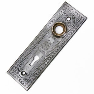 May include: A rectangular, antique-style door plate with intricate embossed patterns. The plate is primarily silver-toned with a keyhole and a circular brass-colored insert. The design includes floral and dot patterns, suggesting a vintage or historical aesthetic.