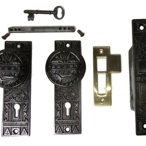 Antique Door Set Victorian / Eastlake Backplate Knob Mortise Lock Key Reclaimed