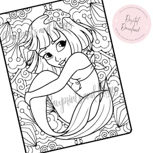 Chibi Mermaid Coloring Page, Digital Download Coloring Sheet, Mermaid Coloring for Adults, for Kids, Sea Turtle Coloring