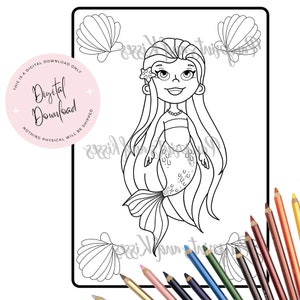 Easy Chibi Mermaid Coloring Page, Digital Download Coloring Sheet, Mermaid Coloring for Adults, for Kids, Large Print Sea Shell Ocean