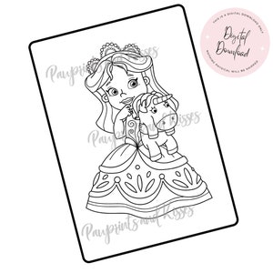 Princess Holding Unicorn Coloring Page, Digital Download Coloring Sheet, Easy for Adults,  For Kids, Fairy Tale Princess, Chibi Princess