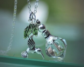 Cremation Human Ashes Necklace Hummingbird, Thick Clear Glass, 3/4" Cremains Bottle Necklace Cremation Jewelry , Memorial