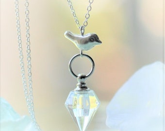 Silver Bird Cremation Ashes Necklace, Glass Urn, Memorial Jewelry