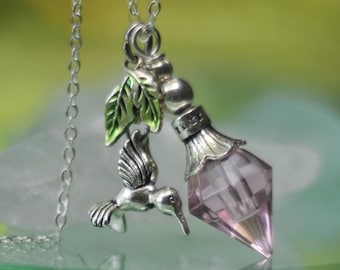 Human Ashes Necklace Pink Hummingbird, Cremation Jewelry Necklace,  Memorial Pendant,  Pink Fillable Ashes Urn,  Gift Her-
