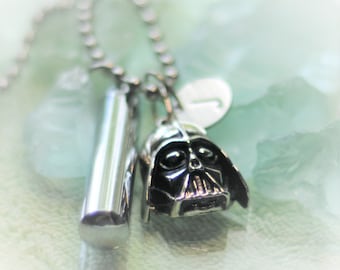 Star Wars- Darth Vader,Cremation Jewelry Necklace, Memorial Ashes Urn, High Polish Stainless Bottle / Ball chain, W/ initial letter Charm