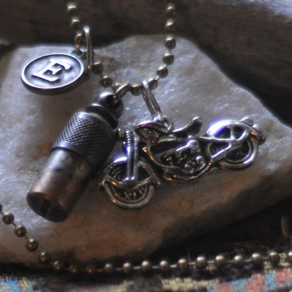 Cremation Ashes Men Jewelry Harley Davidson HOG, 1 1/4" Motorcycle Lover Outdoorsman, 1" Two Tone Grunge Ashes Vial Urn, A-Z Charm; U Choose