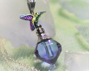 Hummingbird Cremation Jewelry Necklace, Purple Heart Urn Bottle, Gift for Her