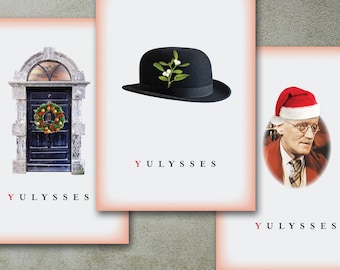 James Joyce Christmas Cards Yulysses | Joyce + Santa Hat, Bowler + Mistletoe, 7 Eccles Street + Wreath