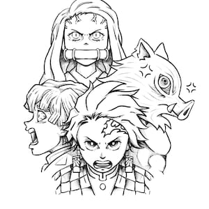 May include: Black and white line drawing of three anime characters. The characters are a young woman with long hair, a young man with short hair, and a boar-like creature. The characters are all looking angry and have their mouths open.