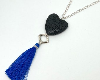 Heart Tassel necklace , blue black gemstone lava rock perfume pendant , gothic long chain tassel art deco boho necklace birthday gift her