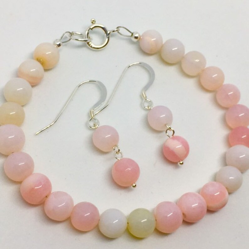 healing birthstone jewellery ombre pink Gemstone Crystal bracelet Earrings set birthday christmas gift for her Pink Opal Jewellery Set
