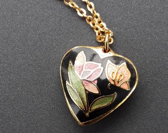Gold Toned Cloisonne Heart Necklace With Flower and Butterfly
