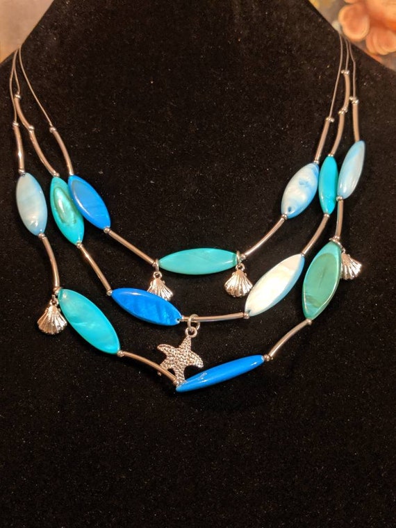 Statement Necklace Beaded Necklace Beaded Jewelry Star Fish Necklace Gemstone Necklace Blue Mother of Pearl Necklace Festival Necklace