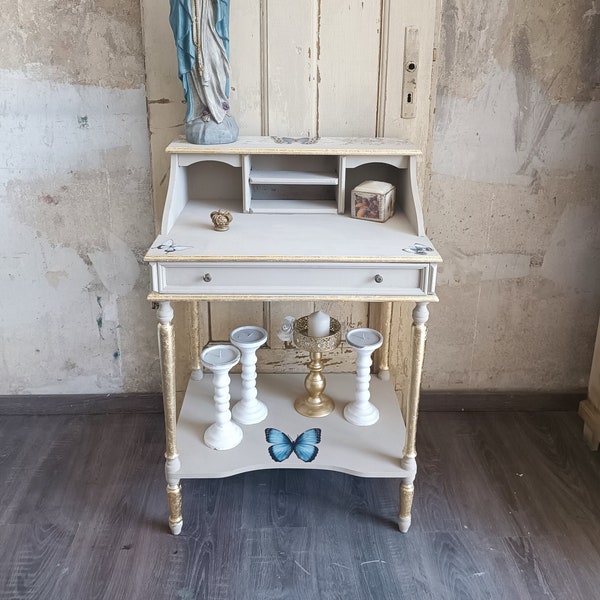 Sekretär Shabby Chic Landhaus ReDEsign Schmetterlinge Gold Beige Kommode Beistelltisch Antik