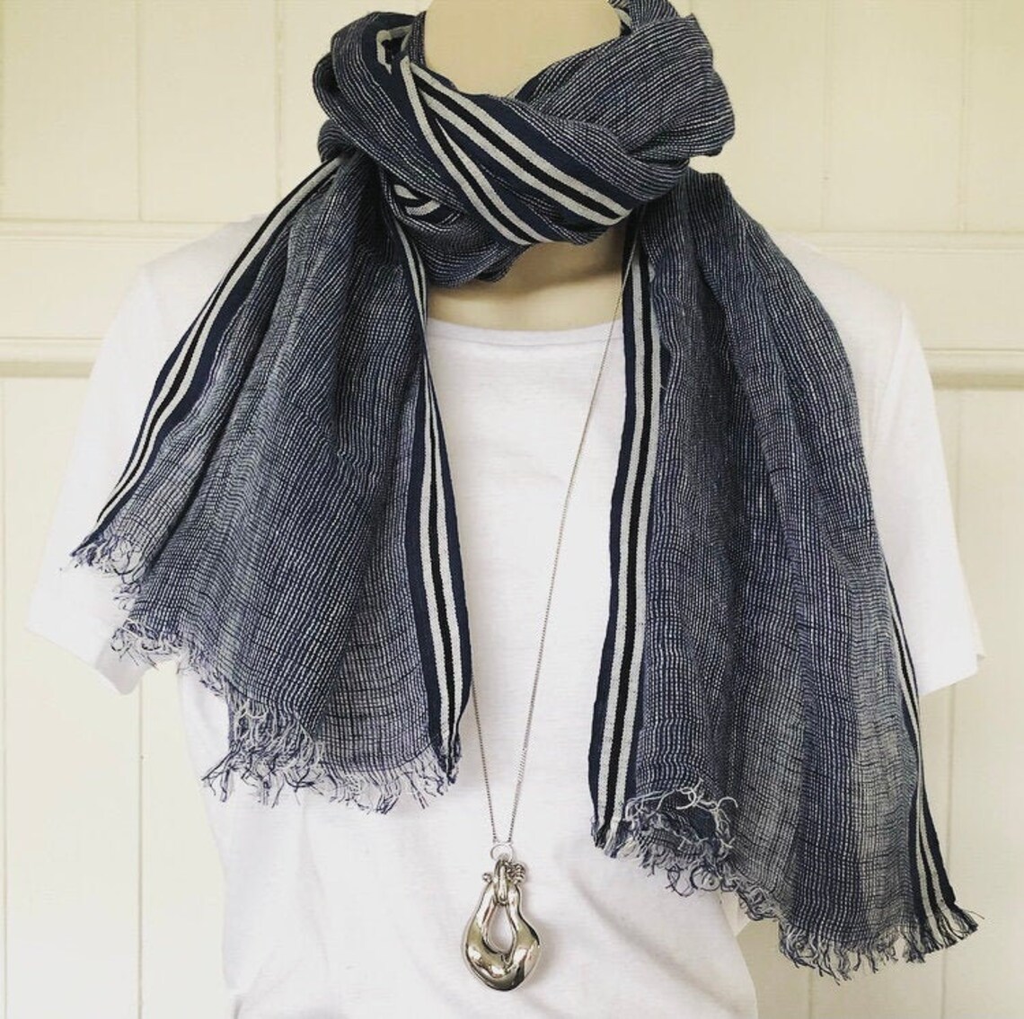 Navy/white Linen Scarf Etsy