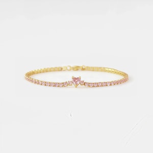 PERIMADE Pink Heart Tennis Bracelet • Pink Heart Stacking Wedding Bracelet • Sterling Silver Friendship Jewelry • Trendy Best Friend Gift