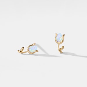 PERIMADE Tiny Opal Tulip Stud Earrings • Dainty Small Tulip Flower Earrings • Sterling Silver Friendship Jewelry • Trendy Best Friend Gift
