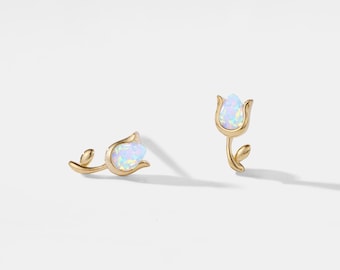PERIMADE Tiny Opal Tulip Stud Earrings • Dainty Small Tulip Flower Earrings • Sterling Silver Friendship Jewelry • Trendy Best Friend Gift