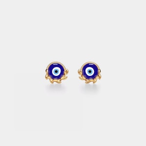 PERIMADE Blue Evil Eye Stud Earrings • Small Olive Leaf Nazar Stud Earrings • Sterling Silver Friendship Jewelry • Trendy Best Friend Gift
