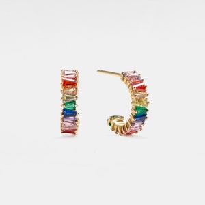 PERIMADE Rainbow LGBTQ Pride Earrings • Colored Gem Half Circle Hoop Earrings • Gold Plated Silver Stud Earrings • Trendy Best Friend Gift