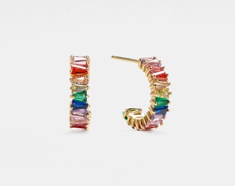 PERIMADE Rainbow LGBTQ Pride Earrings • Colored Gem Half Circle Hoop Earrings • Gold Plated Silver Stud Earrings • Trendy Best Friend Gift