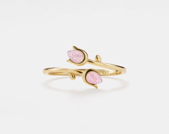 PERIMADE Gold Rose Quartz Tulip Ring • Pink Tulip Flower Stacking Bypass Ring • Sterling Silver Friendship Jewelry • Trendy Best Friend Gift