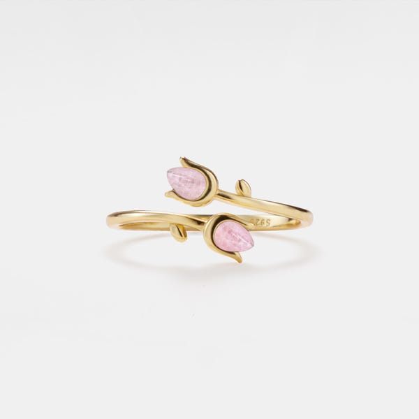 PERIMADE Gold Rose Quartz Tulip Ring • Pink Tulip Flower Stacking Bypass Ring • Sterling Silver Friendship Jewelry • Trendy Best Friend Gift