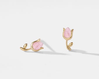 PERIMADE Tiny Rose Quartz Tulip Earrings • Small Pink Tulip Flower Earrings • Sterling Silver Friendship Jewelry • Trendy Best Friend Gift