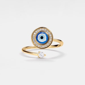 Anillo Fidget Spinner con forma de ojo malvado de PERIMADE • Anillo Fidget Spinner con forma de ojo azul de vidrio • Joyería de la amistad en plata de ley • Regalo moderno para el mejor amigo