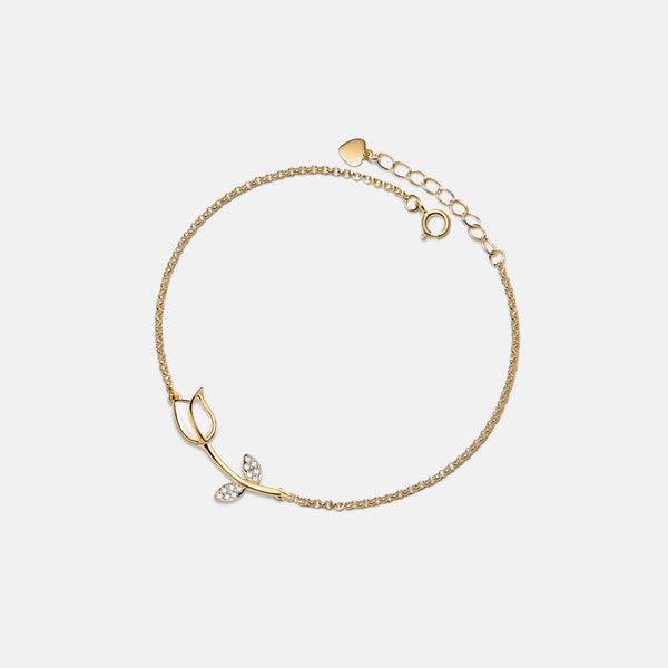 PERIMADE Opal Tulip Flower Bracelet • Dainty Gold Tulip Charm Bracelet • Sterling Silver Friendship Jewelry • Trendy Best Friend Gift