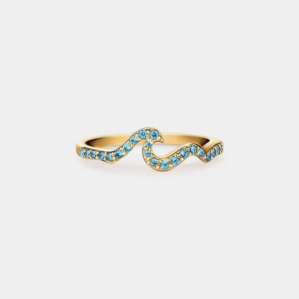 PERIMADE Blue Ocean Wave Beach Ring • Dainty Gold Sea Wave Stacking Ring • Sterling Silver Friendship Jewelry • Trendy Best Friend Gift
