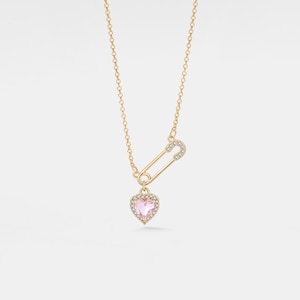 PERIMADE Pink Heart Safety Pin Necklace • Dainty Gold Color Gemstone Pendant • Sterling Silver Friendship Jewelry • Trendy Best Friend Gift