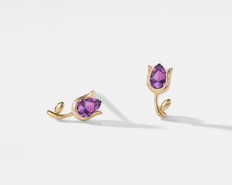 PERIMADE Petites boucles d'oreilles tulipe améthyste • Boucles d'oreilles petite fleur tulipe violette • Bijoux d'amitié en argent sterling • Cadeau tendance pour meilleur ami