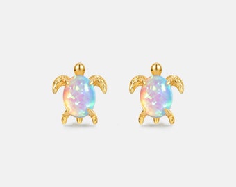 PERIMADE Opal Sea Turtle Stud Earrings • Elegant Gold Nautical Earrings • Sterling Silver Ocean Jewelry • Unique Gift for Beach Lover