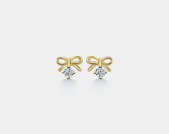 PERIMADE Bow Stud Earrings • Dainty CZ Ribbon Earrings • Sterling Silver Minimalist Jewelry • Birthday Gift