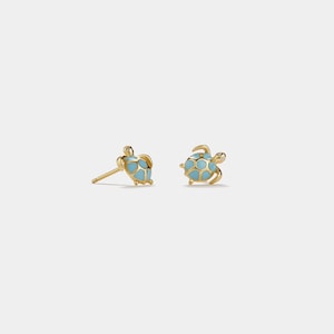 PERIMADE Blue Sea Turtle Stud Earrings • Small Sea Turtle Beach Earrings • Sterling Silver Friendship Jewelry • Trendy Best Friend Gift