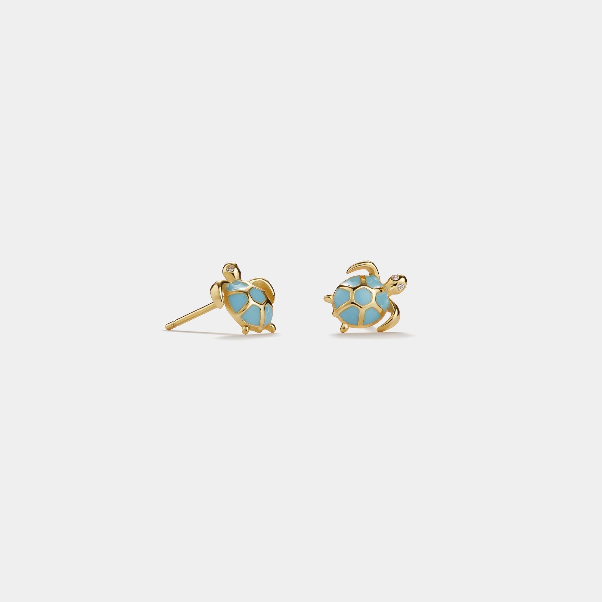 PERIMADE Blue Sea Turtle Stud Earrings • Small Sea Turtle Beach Earrings • Sterling Silver Friendship Jewelry • Trendy Best Friend Gift