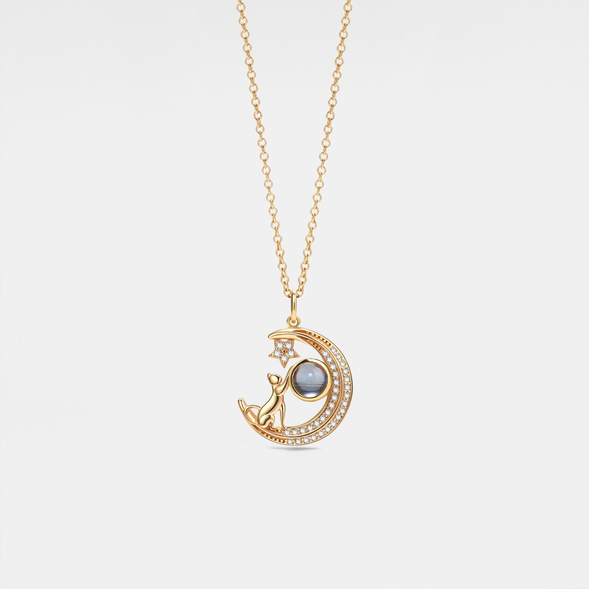 Collana Con Ciondolo Gatto Sulla Luna, Nodo Celtico E Mezzaluna, In Acciaio E Rame, Per Donna, Catena 40+5 Cm