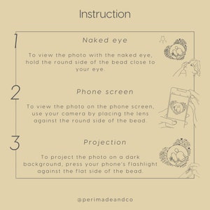 May include: A beige graphic with the word "Instruction" at the top. The text explains how to view a photo using the naked eye, a phone screen, and projection. Line drawings illustrate each method. The @perimadeandco logo is at the bottom.
