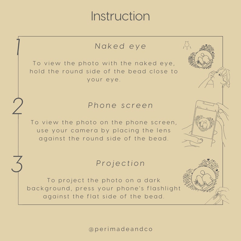 May include: A beige graphic with the word "Instruction" at the top. The text explains how to view a photo using the naked eye, a phone screen, and projection. Line drawings illustrate each method. The @perimadeandco logo is at the bottom.