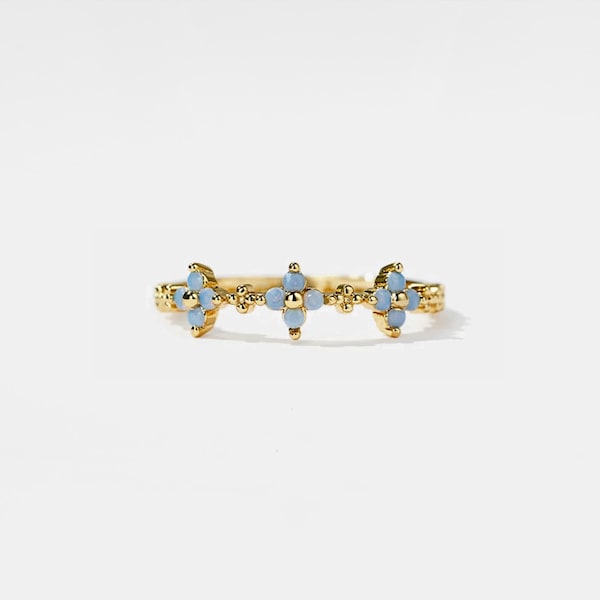 PERIMADE Dainty Gold Blue Flower Ring • Cute Blue Flower Stacking Band Ring • Sterling Silver Friendship Jewelry • Trendy Best Friend Gift