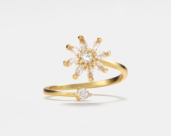 Anillo Fidget Spinner con Flor Dorada de PERIMADE • Anillo Fidget Spinner con Flor Delicada • Joyería de la Amistad en Plata Esterlina • Regalo Moderno para tu Mejor Amigo