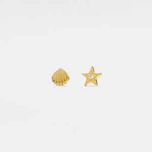 PERIMADE Seashell Starfish Stud Earrings • Tiny Ocean Beach Mismatch Earrings • Sterling Silver Friendship Jewelry • Trendy Best Friend Gift