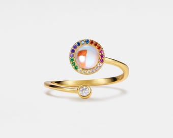 PERIMADE Moonstone Fidget Spinner Ring • Rainbow Halo Spinning Bypass Ring • Sterling Silver Friendship Jewelry • Trendy Best Friend Gift