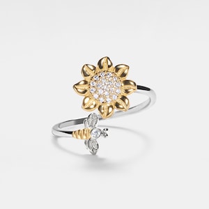 PERIMADE Sunflower Fidget Spinner Ring • Flower Bee Spinning Bypass Ring • Sterling Silver Friendship Jewelry • Best Friend Gift